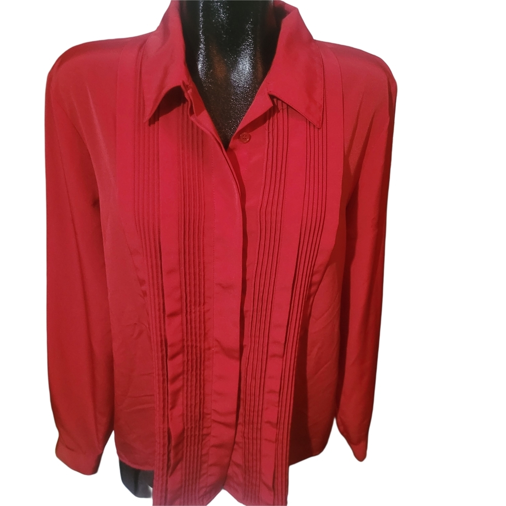Lindor Red Vintage 90's Pin-Tuck Pleated Front Button-Up Blouse Size L